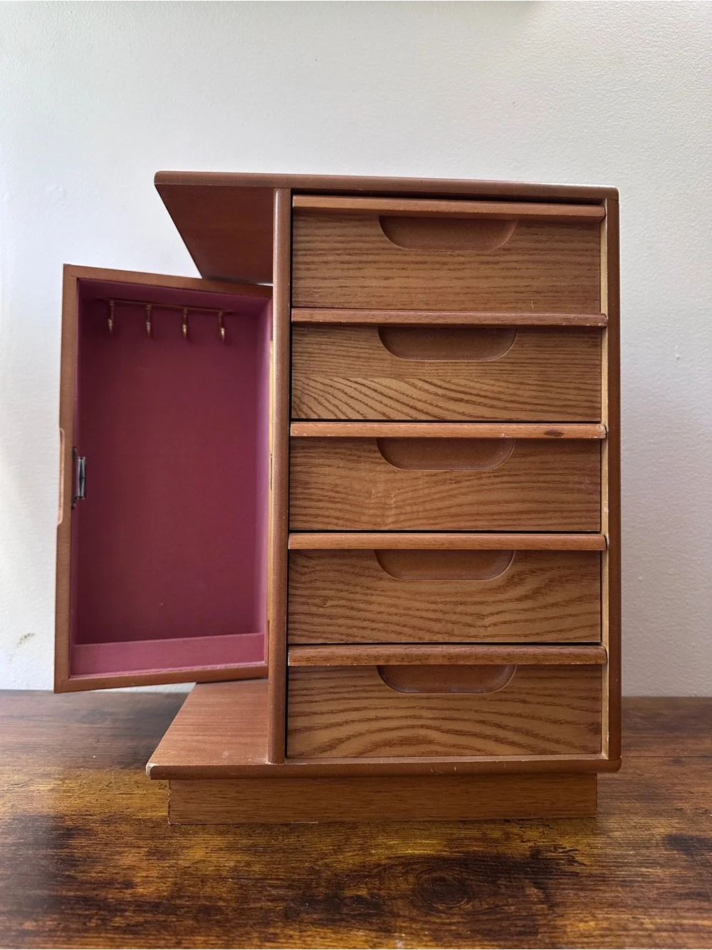 Vintage MCM Style Solid Oak Wood Jewelry Box Chest 5 Drawers Side Door Cabinet